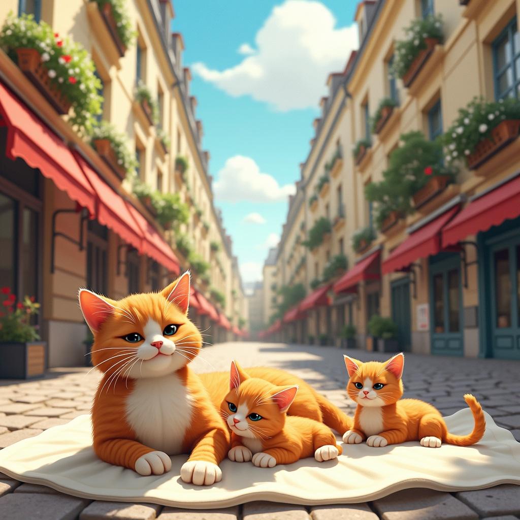 A sunny Parisian street with charming buildings and flower boxes. Duchess the cat and her kittens Toulouse, Berlioz, and Marie lounge on a soft blanket, enjoying the sun while playfully tumbling around.