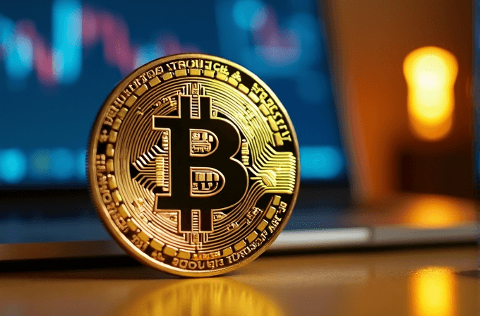 A close-up of a gold Bitcoin coin leaning against a laptop with a blurred cryptocurrency market chart on the screen in the background.