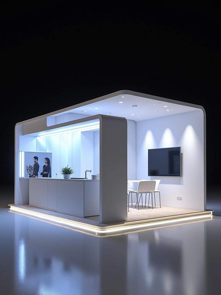 An open exhibition stand measuring four meters wide by six meters long. The design incorporates LED screens. The stand features a modern aesthetic. Bright LED lighting highlights the structure. It includes seating. The layout is inviting and functional. Visitors can engage with the display.