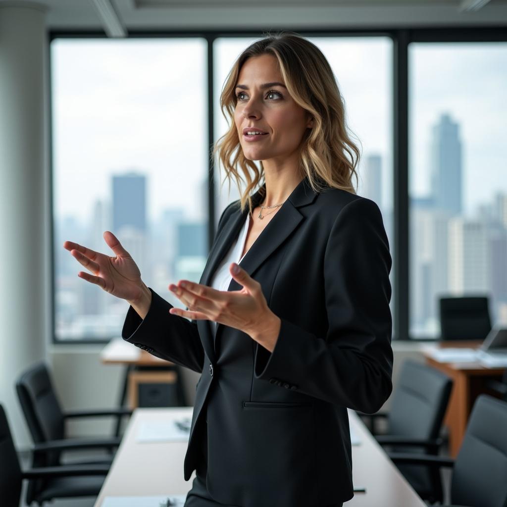 Woman in a black suit giving an emphatic presentation in a modern office setting. Large windows showing the cityscape in the background. She is gesturing while explaining a point to the audience.