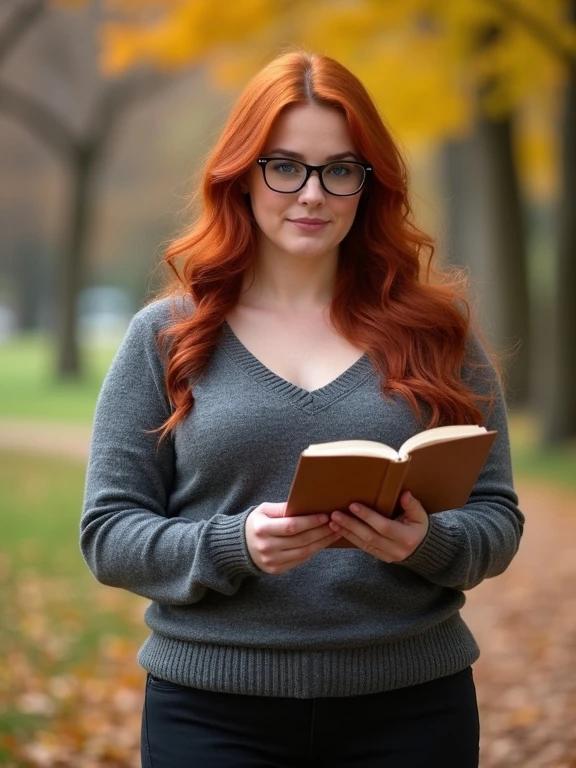 Woman with luxurious long red hair and blue eyes wearing a tight V-neck sweater and leggings reading a book in a serene park surrounded by autumn leaves