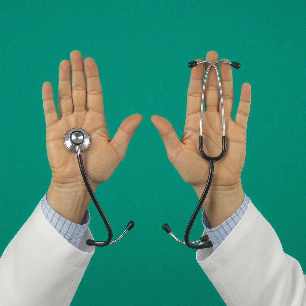 Doctors raise hands in greeting. Each hand holds a medical instrument.