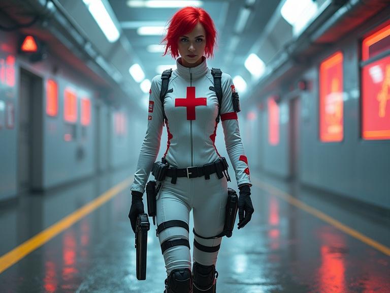 A full body studio photo of a female cyberpunk medic. Red short hair. White costume with red accents and a red cross in the chest. Military boots. Walking towards the camera. City skyline with neon lights in the background.