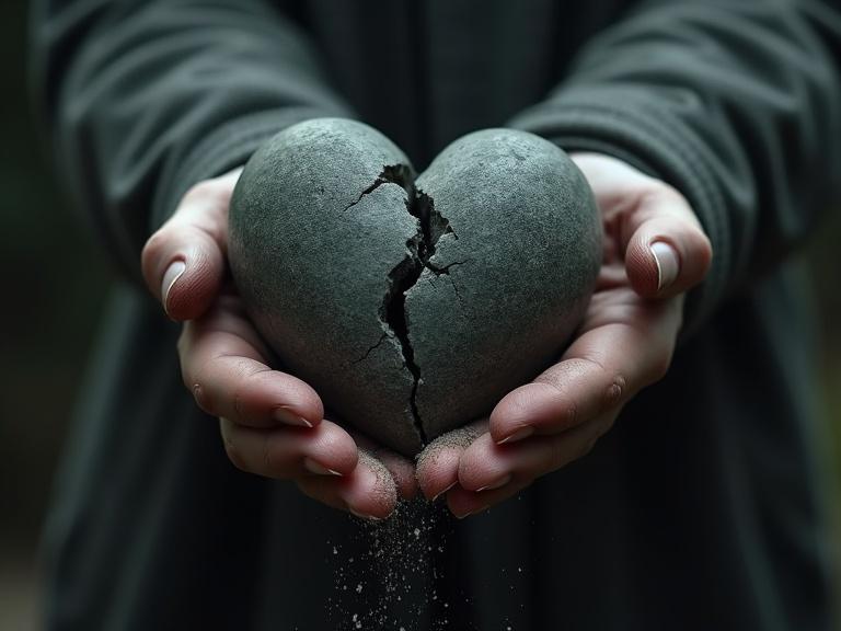 Close-up of a person's hands releasing a dark stone heart. The heart cracks as it falls, dissolving into dust. Represents letting go of guilt. Highly detailed, realistic, cinematic style.