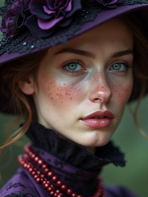 High-quality 8K photorealistic close-up portrait of a woman with blue eyes and natural freckles. She wears an elaborate dark purple hat and a high-necked dark purple blouse. A reddish-purple beaded necklace adorns her. The woman looks directly into the camera with a contemplative expression. Soft illumination highlights her facial features. Textures emphasize her skin, fabrics, and accessories. Shallow depth of field with a blurred background.