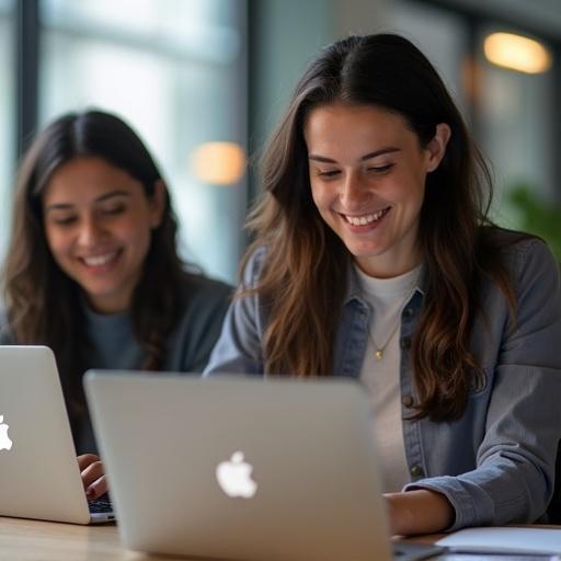 Young professionals focused on MacBooks in a modern office setting with natural light. They express happiness and professionalism through their engagement. Varied business attire represented among them. The image presents a positive atmosphere conducive to productivity.