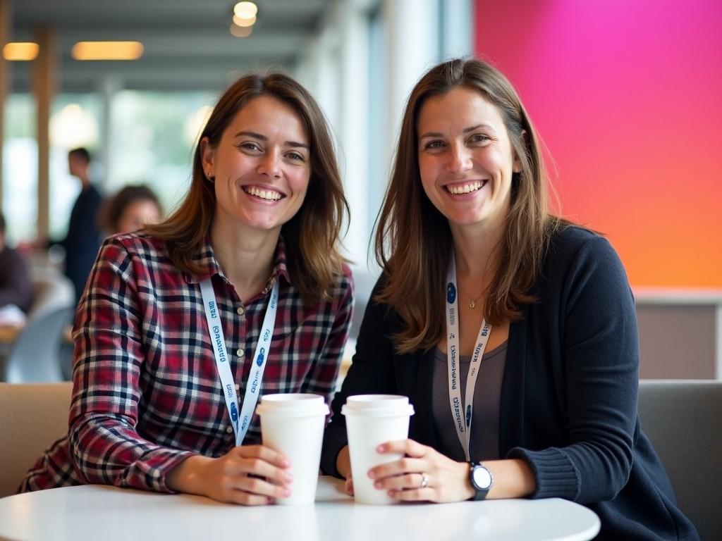 The image shows two women sitting at a table inside a bright, modern space. They are casually dressed, with one wearing a plaid shirt and the other in a dark cardigan. Both of them have lanyards around their necks, indicating they might be at a conference or event. On the table in front of them are two takeaway cups, suggesting they might be enjoying coffee or tea. In the background, there's a wall with some visible modern architectural elements, and a bright pink and orange backdrop.