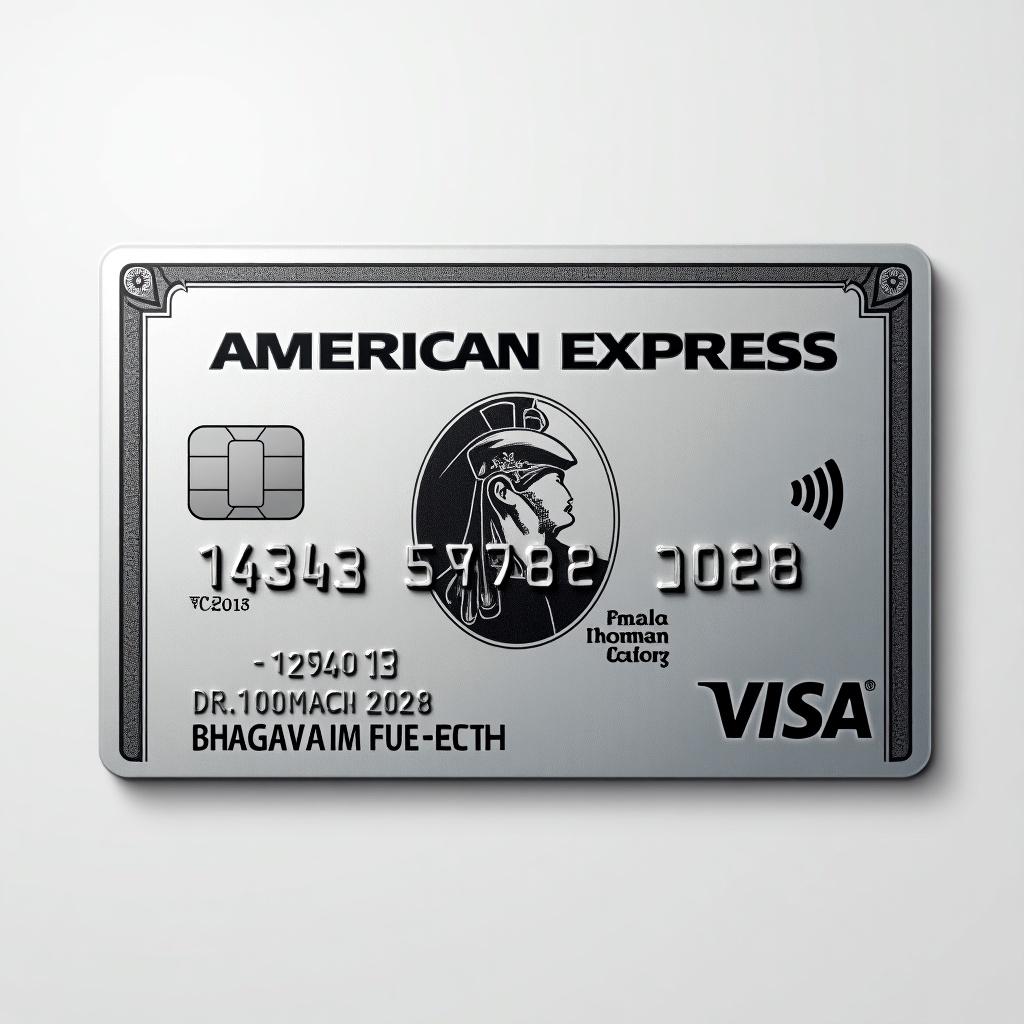 Realistic image of a platinum American Express credit card. Visa logo prominently displayed. Distinct card details visible. Cardholder name is BHAGAVATH AKULA. Expiry date is March 2028. Silver background with bold black font conveys modern elegance.