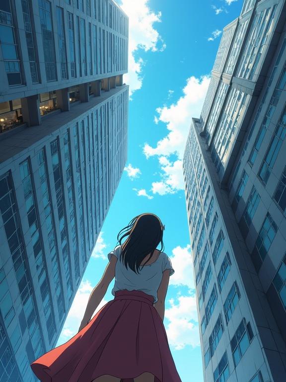 Anime action illustration of a woman looking up in a city with skyscrapers. Fish eye distortion creates an expansive view of the sky.