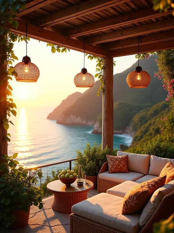 Cozy terrace overlooking a beautiful coastal sunset. Woven rattan furniture complements the wooden pergola adorned with hanging lanterns. Tropical plants frame the view of turquoise waters and green mountains. Warm golden light illuminates the space, inviting relaxation and peace.