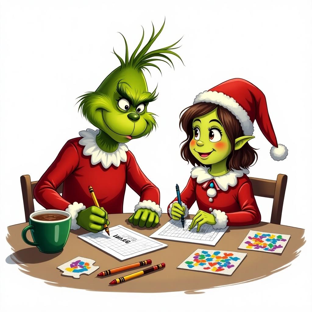 The Grinch assists a girl dressed as an elf at a table. They are writing names with crayons. Colorful puzzles and coloring materials are scattered. A Grinch-themed mug contains hot chocolate. Transparent background.