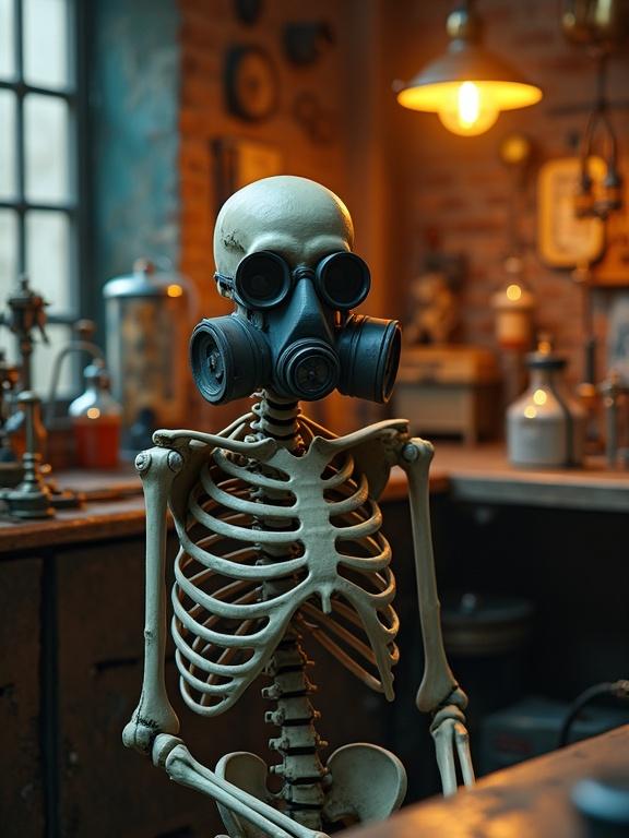Scene depicts a skeleton in a gas mask seated in an old workshop filled with vintage decor and scientific apparatus. Warm lighting creates an inviting yet unsettling atmosphere, emphasizing detailed textures and colors. The scene includes a rich variety of elements contributing to the overall mood of calm yet vibrant serenity. Lighting is soft and natural, enhancing depth and realism.