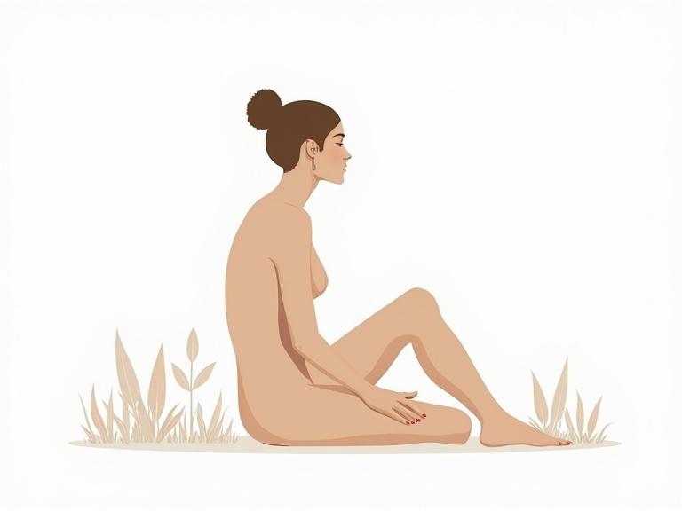 Minimalist vector illustration of a female figure sitting in nature. The figure is nude, showcasing tranquility and beauty. Created with simple shapes and lines. White background. Soft natural tones with some grass elements.