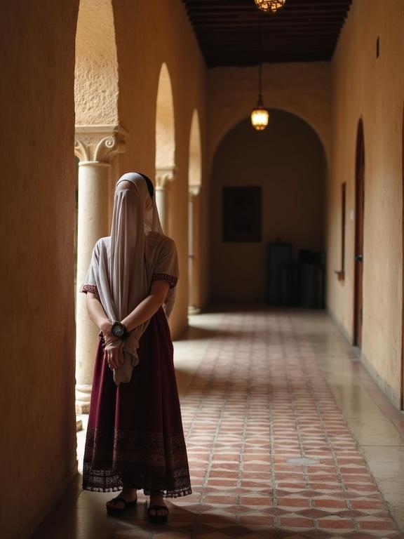 14-year-old Spanish Jewish girl standing in a corridor of a synagogue in Al-Andalus. She is dressed in a traditional outfit with a headdress, the architecture shows Islamic influences, and the lighting is warm and inviting.