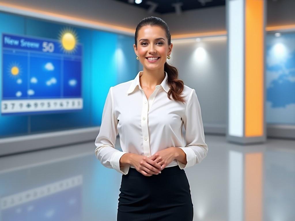 The image shows a confident weather presenter standing in a modern television studio. She wears a crisp white shirt and a long black skirt, exuding professionalism. Her hair is styled in a sleek ponytail, adding to her polished look. Behind her is a large screen displaying weather information. Bright lighting enhances the studio's clean, contemporary design, making the setting inviting for viewers. The presenter smiles warmly, ready to deliver the day's weather forecast.