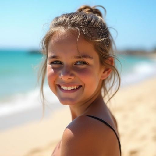 Smiling girl at the beach on a bright sunny day. Ocean and sand visible. Happy expression.