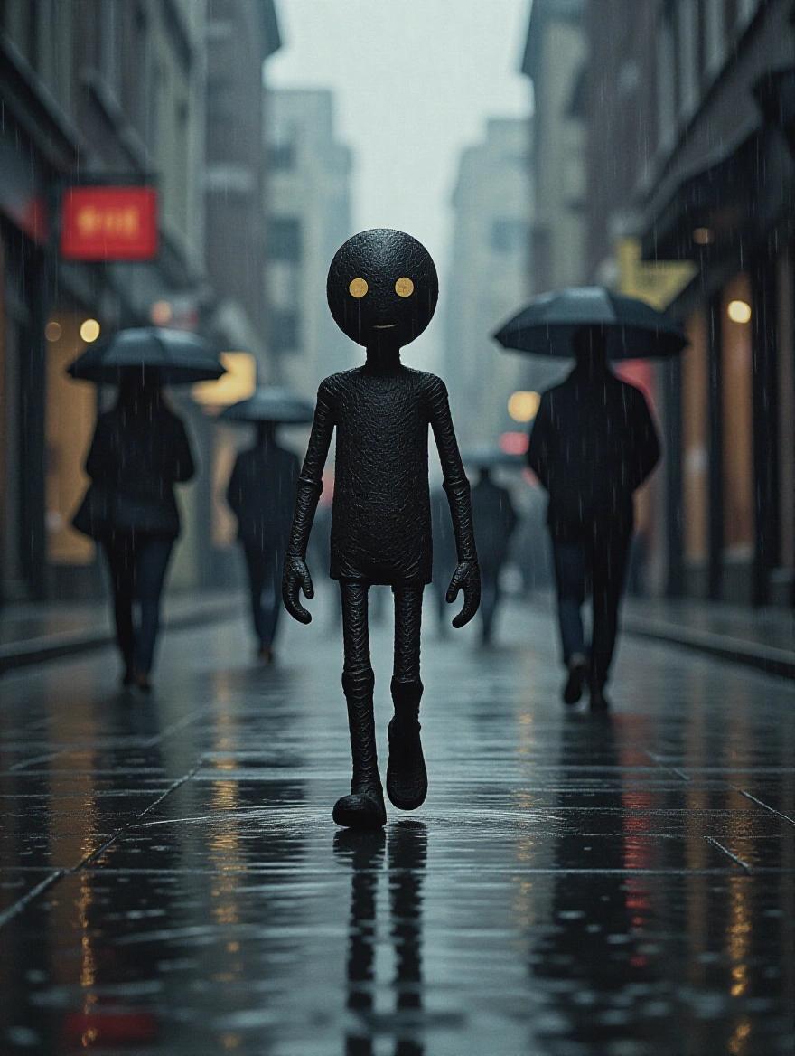 Professional fine art photograph of a faceless stick man in a gloomy, wet alley. He is small, about the size of a shoe. Other people walk behind him in the rain. The scene has warm dark tones with soft contrast and soft saturation. Drizzling rain adds texture to reflective wet surfaces. There is cinematic lighting enhancing the moody atmosphere of the image.
