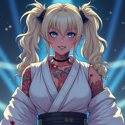 Anime character with frosted blue eyes and large blonde pigtails. Woman in judo outfit with tattoos and piercings, expression shows violent grin. Character in a luxurious martial arts arena with colorful tattoos and blood on her body. Wearing stylish sunglasses. Tall and muscular with noticeable abs.