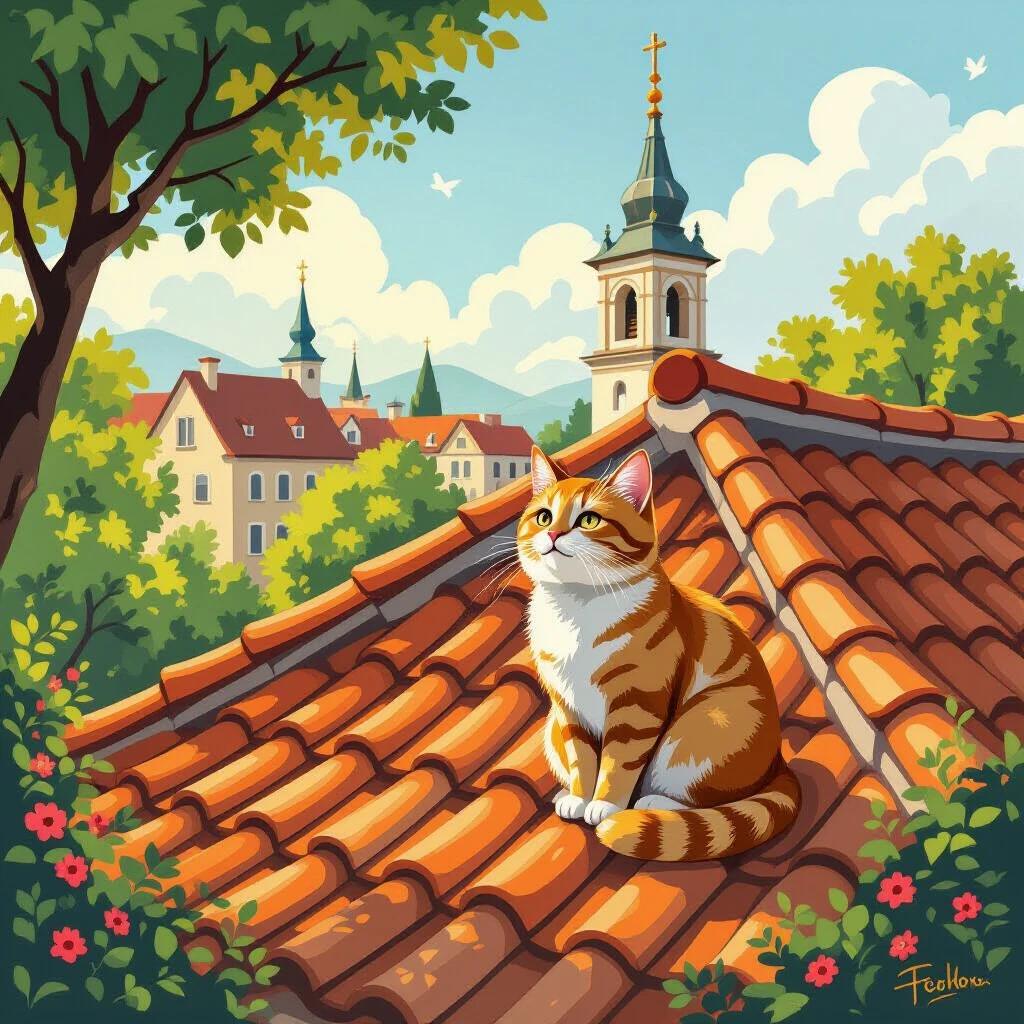 An illustration featuring an orange cat sitting quietly on a rooftop gazing into the distance. The roof tiles are warm orange-red, matching the cat's fur. A church spire with a cross decorates the background, enhancing the religious feel. Surrounded by vibrant tree leaves and a light blue sky, the overall image has a soft color scheme that conveys tranquility and warmth.