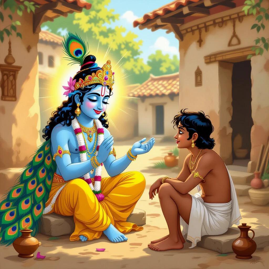 Illustration depicts Krishna in vibrant colors with peacock feather crown and golden attire. Smiling, he interacts kindly with Sudhama, who sits humbly in old dhoti. Background shows an ancient Indian village with soft sunlight and a divine glow around Krishna. Characters exhibit emotional expressions. A detailed depiction in vibrant Indian miniature painting style.