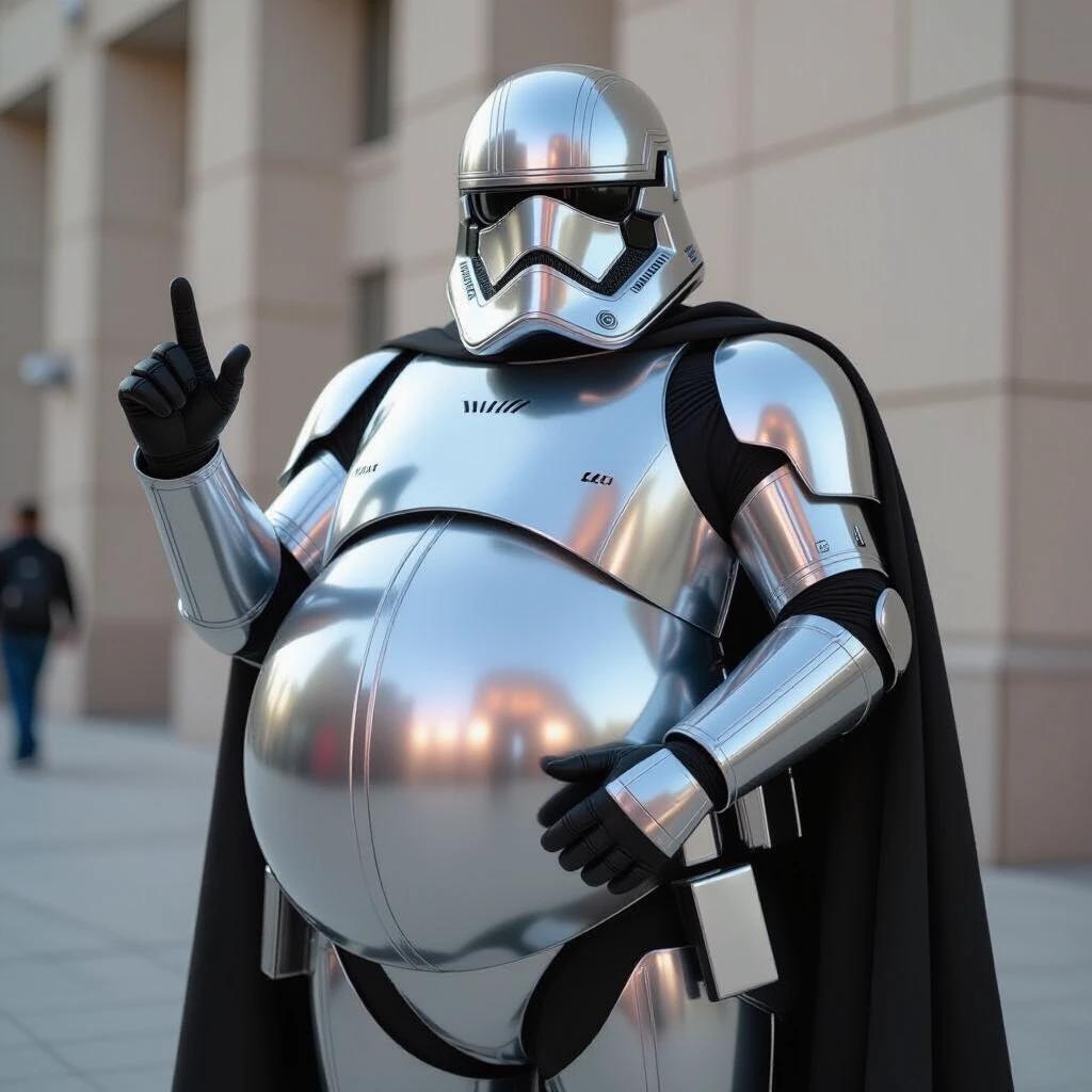 Chubby character wearing a shiny silver Stormtrooper costume with a black cape. The character gives a playful pose with one finger raised. The setting appears to be an outdoor area.
