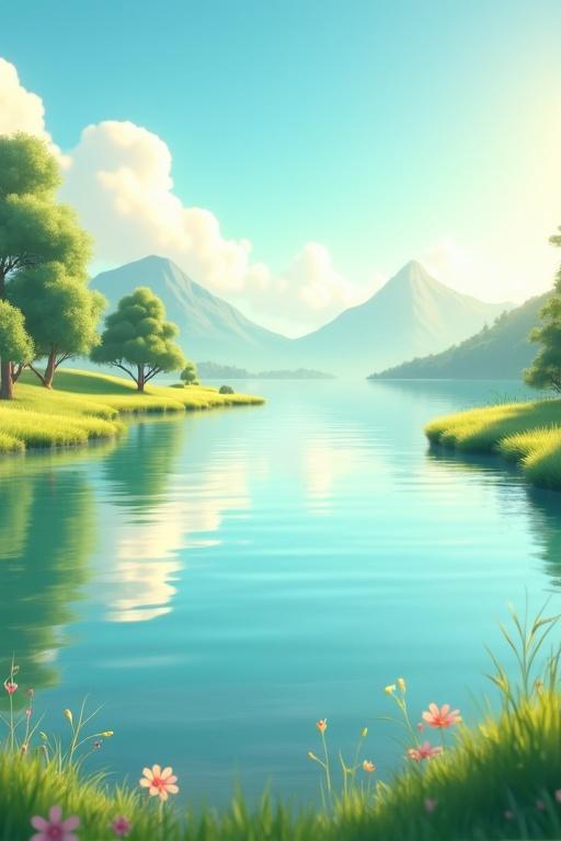 3D animated background depicting a serene lake scene. Calm waters reflect the sky. Surrounded by soft green trees and grass. Distant mountains create depth. Warm golden hour light adds tranquility. Style is vibrant and detailed, inspired by Pixar or Studio Ghibli. Vertical format.