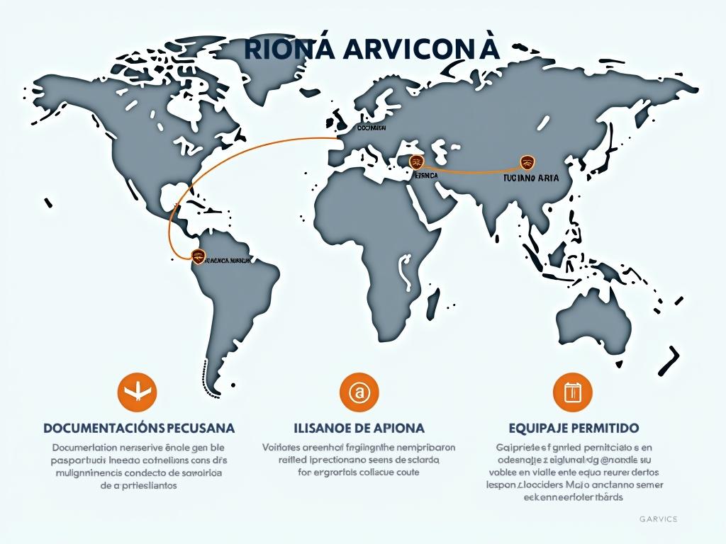 Infographic graphic in modern style with Spanish text about an international flight. Simple world map showing air route connecting Tucumán, Buenos Aires, and Málaga. Legible city names in contrasting colors. Three horizontal sections below with icons and explanatory text: Required documentation, allowed baggage, and involved airlines. Icons represent documentation and baggage details clearly.