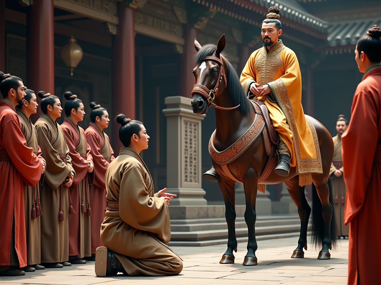 Generate a hyper-realistic photo capturing a pivotal moment in ancient Chinese history. On the left, a figure kneels, holding a short board, adorned in a humble yet dignified robe of earthy tones, bidding farewell to an emperor seated atop a majestic horse. The kneeling figure has a neatly groomed beard, featuring a pointed goatee and a thin, slightly curved mustache. Beside him, attendants in muted red and deep brown Han dynasty robes stand respectfully, reflecting their modest status and rugged journey. The young emperor exudes authority with sharp features, adorned in a luxurious golden robe featuring intricate dragon embroidery, and a tall ceremonial crown atop his head. Surrounding him, attendants in vibrant red and gold robes maintain a calm demeanor, with some sporting trimmed mustaches or well-kept beards. One attendant holds a square imperial canopy with flowing tassels, enhancing the regal atmosphere. In the center, a stone stele with partially visible inscriptions adds historical depth. The background showcases a grand palace with intricate wooden pillars and tiled roofs, and the lighting is soft yet dramatic, emphasizing the intricate details of the scene.