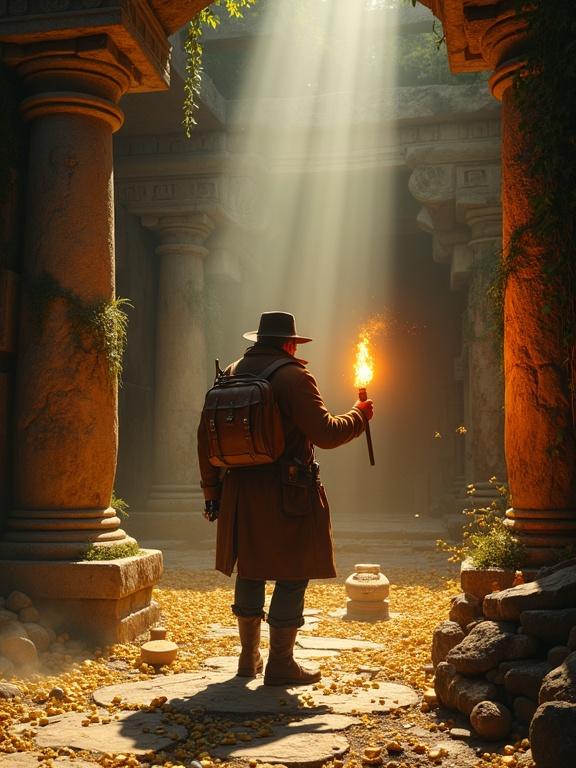 Cinematic movie poster depicts a rugged male adventurer. He wears a brown leather jacket and fedora hat. Carries a worn leather satchel. Stands at the entrance of an ancient stone temple. Holds a lit torch illuminating golden treasures on the temple floor. Stone columns flank the entrance. Vines and moss grow on weathered carvings. A shaft of warm sunlight streams through above. Dramatic shadows across the scene. Dust particles float in the beam of light.