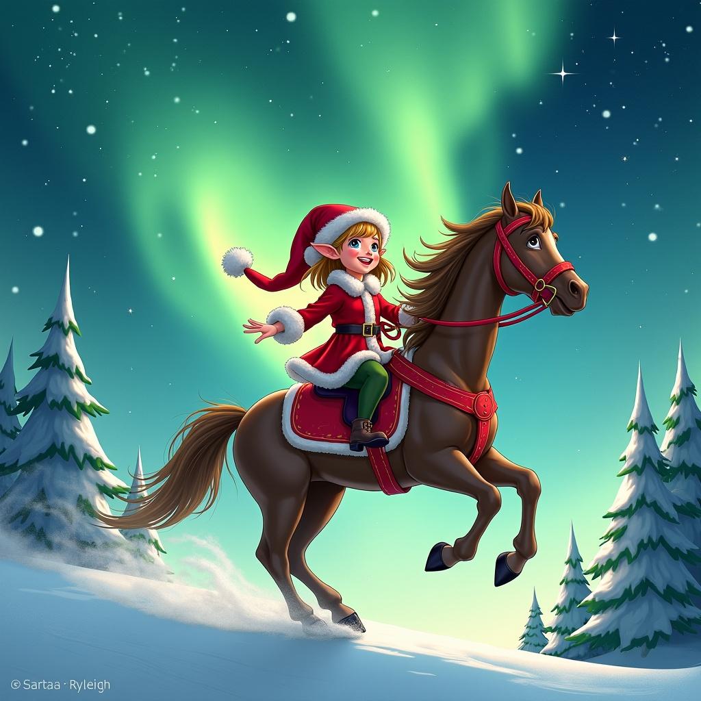 This illustration showcases a charming winter scene featuring a girl dressed as an elf. Known as Santa Ryleigh, she rides joyfully on a horse. The backdrop is painted with stunning northern lights that illuminate the wintry sky. Snow-covered trees dot the landscape, accentuating the festive mood. The elf's bright expression radiates joy and wonder, capturing the essence of the holiday season perfectly.