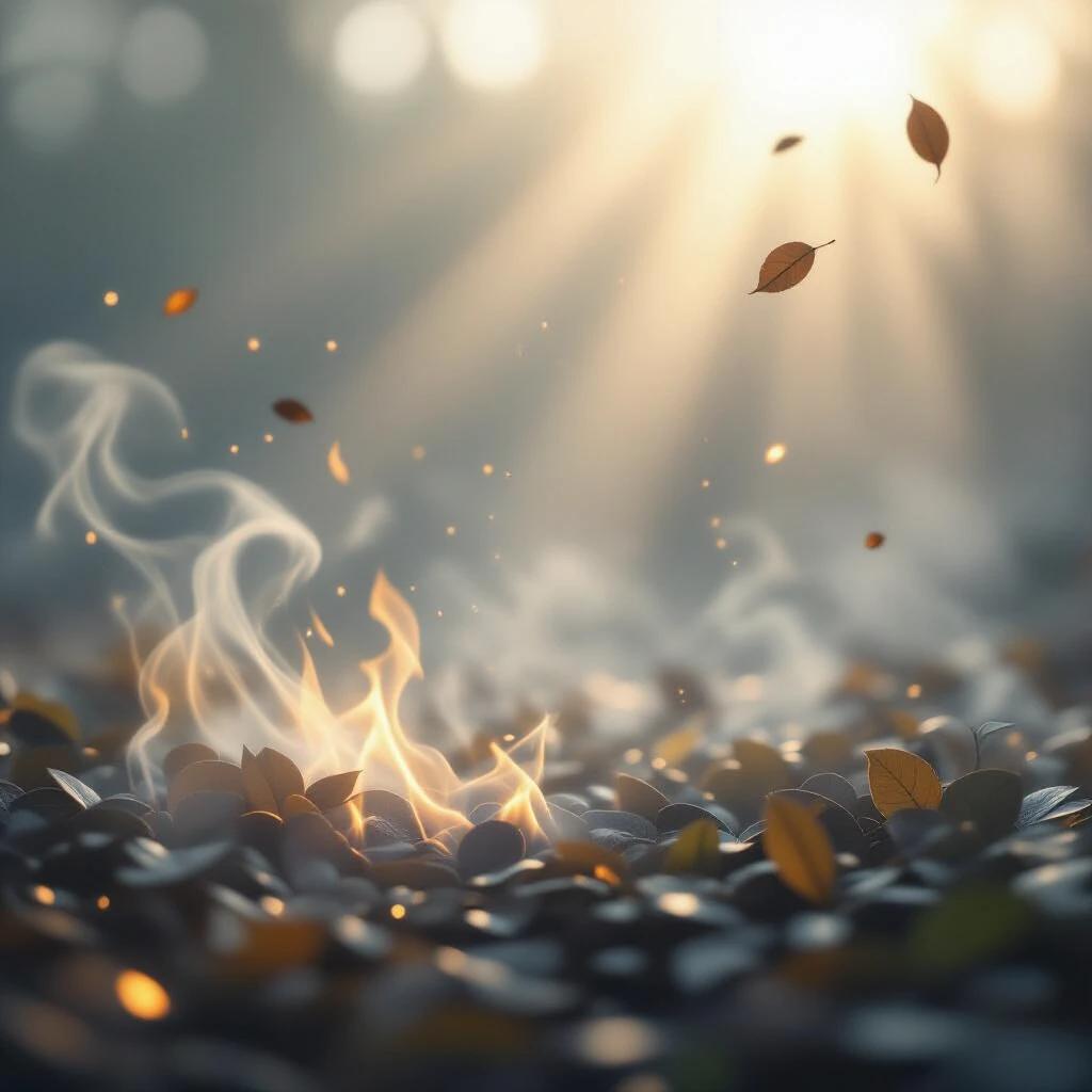 Ambient air flow visible in the scene. Particles drift gently. Soft light rays move with the wind. Leaves and embers swirl naturally. Atmospheric depth created with volumetric light beams. Soft shadows and environmental motion add realism.