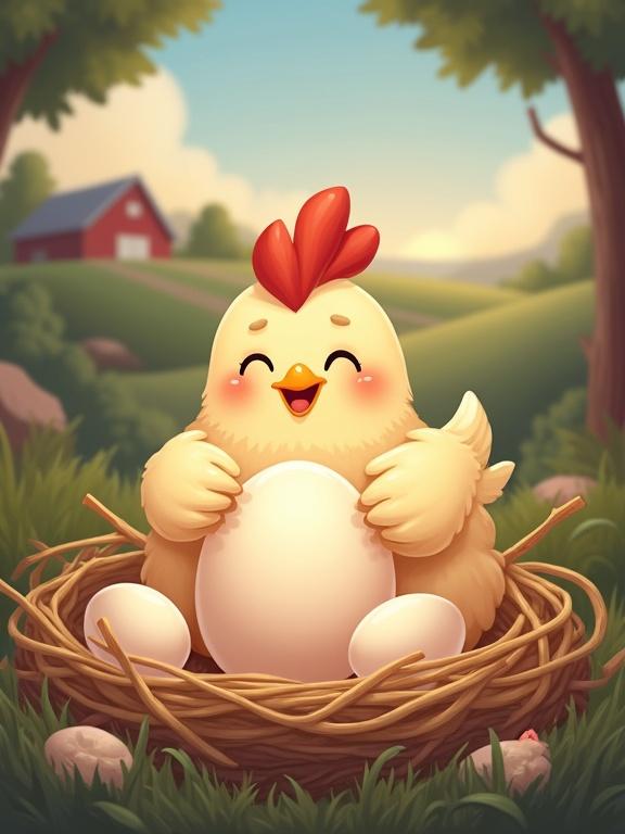 Heartwarming cartoon illustration of mother hen sitting on large egg in cozy nest made of straw and twigs. Wings wrapped around it. Loving eyes and soft smile radiating warmth. Nest surrounded by smaller eggs and fluffy feathers. Tiny chick peeking from under wing. Style with soft pastel colors, gentle shading, warm lighting to emphasize nurturing scene. Background features peaceful farm at dusk, faint glow around egg.