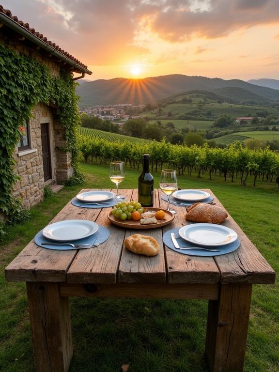 A rustic outdoor dining table set in a vineyard, featuring weathered wood. The table is laid with white plates and blue placemats. Two wine glasses and a bottle of wine are present. A platter holds grapes and bread. In the background, rolling hills and grapevines are visible during sunset.