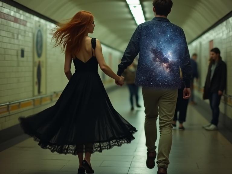 A nostalgic subway tunnel scene with a couple. A woman spins in a black dress while holding a man’s hand. The man’s body is a silhouette filled with stars. Mood is bittersweet and dreamlike. Soft ambient lighting enhances the memory feel.