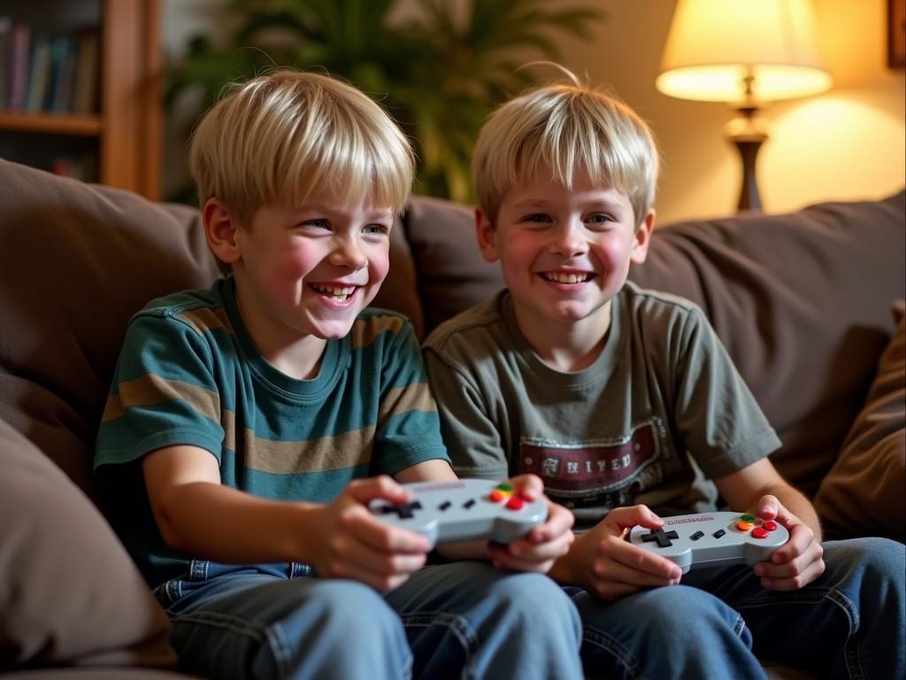 The image depicts two young boys sitting on a couch, joyfully engaged in a video game. They both have blonde hair and are smiling brightly as they hold game controllers. The setting appears cozy and warm, with soft lighting provided by a lamp in the background, complementing the cheerful ambiance of the scene.