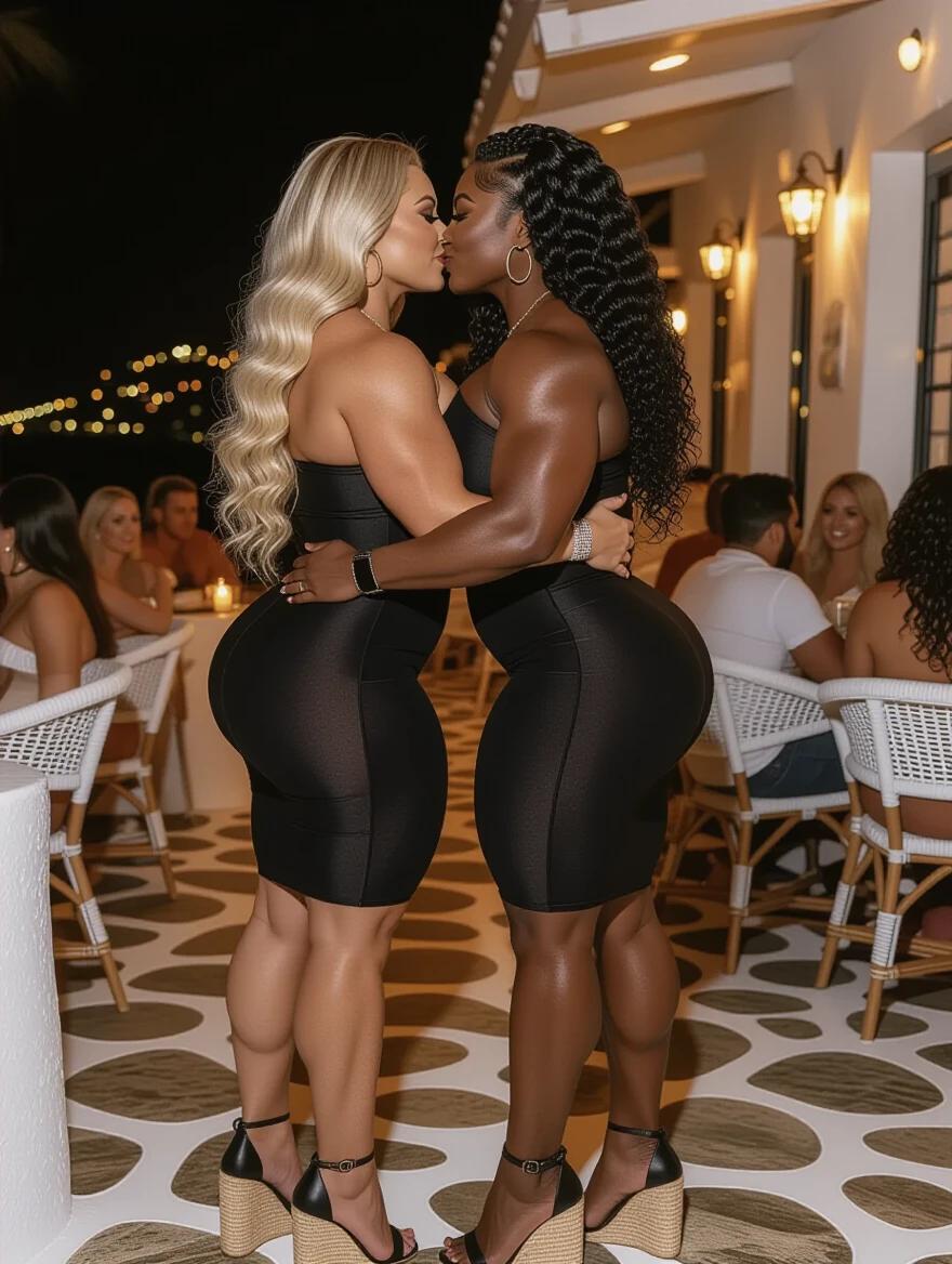 Two bodybuilders embrace affectionately. One has long blonde wavy hair; the other has long black curly hair. Both wear tight black dresses and high heels. They are in a bar in Mykonos at night, surrounded by couples.