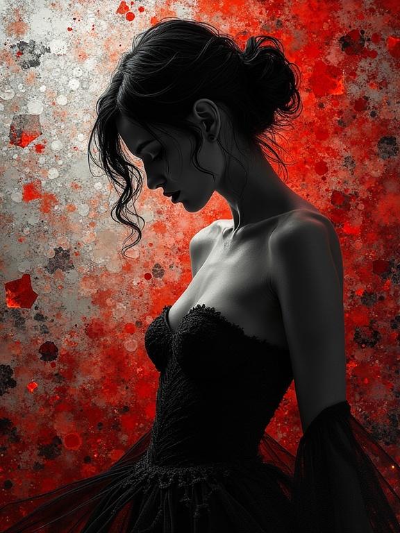 Silhouette of a woman in a Gothic style, dark red background, strong contrast of light and shadow, evoking mystery. Abstract design with mixed media elements.