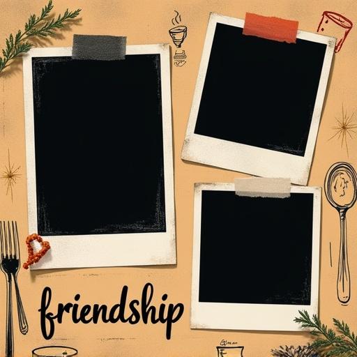 Square-format friends-gathering-themed photo collage in film style with three image areas. Black frame designs with slight overlapping. Top-left frame with film sprocket holes. Center-right tilting polaroid-shaped frame. Bottom-center circular lens ring frame. Warm textured paper background with doodled cutlery and mugs. Handwritten 'friendship' at bottom-right.