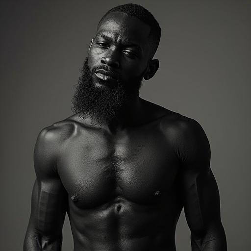 A muscular man in a bodybuilding pose wearing a ski mask and black sunglasses. He is shirtless with a muscular build, wearing only black gloves and black ankle supports. A minimalistic background accentuates his physique.