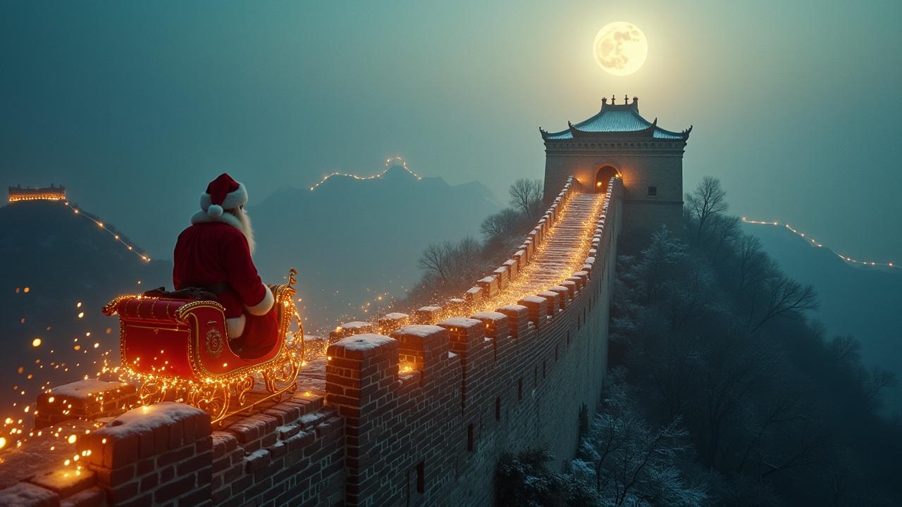 Create a magical atmosphere aerial shot. Santa flies passing by the camera on his sleigh, leaving a trail of sparkles over The Great Wall of China. Shot on Arriflex Alexa. Ultrarealistic.