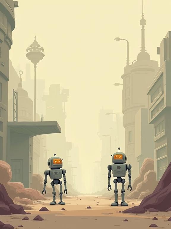 Design a minimalistic cartoon background with two robots in a dusty, surreal futuristic setting. The robots are interacting unpredictably with their environment. The colors are muted. Thick fog creates distance, with a clean center focus. The main robot is on either the left or right side.