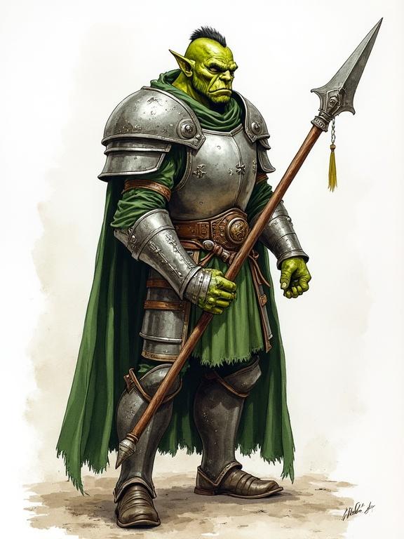 Paladin male green orc wearing metal armor holding a javelin. Detailed ink and watercolor style. Characterized by a handsome appearance, strong features, and a heroic stance.