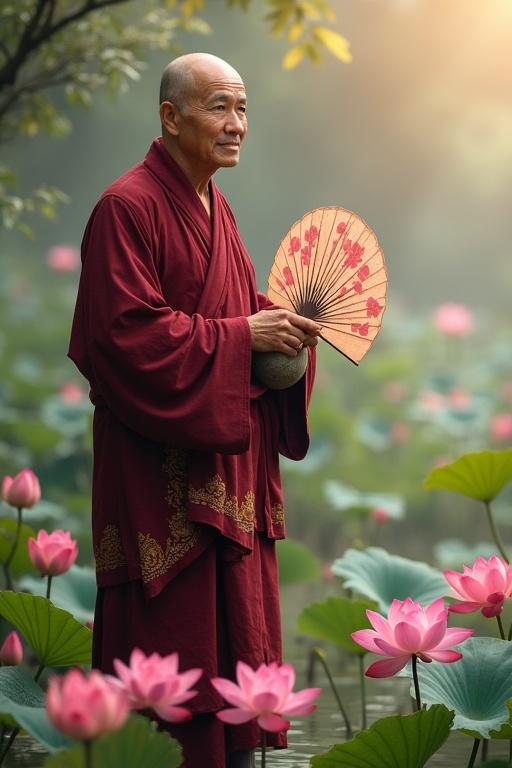 Middle-aged monk stands by a lotus pond wearing a tattered dark red robe with golden lotus embroidery. He holds a gourd in one hand and waves a painted fan with the other. Scene has soft illumination, blooming pink lotus flowers in the water, and a misty background.