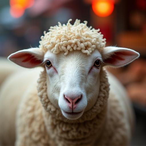 Photo of a sheep in a bustling Chinese public market. The sheep has fluffy wool and a friendly expression. Background features colorful market stalls and people engaging with products.