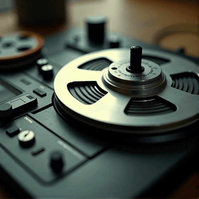 A close-up of an old-fashioned reel-to-reel tape recorder with metallic spools.