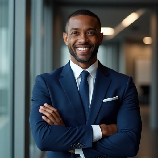 Confident African American male sales coach in a sharp navy blue suit. Engaging smile with crossed arms. Clean-cut hairstyle, standing in a modern corporate setting. Image portrays professionalism and persuasive confidence. Focus on face and upper body. Studio lighting with soft background blur.
