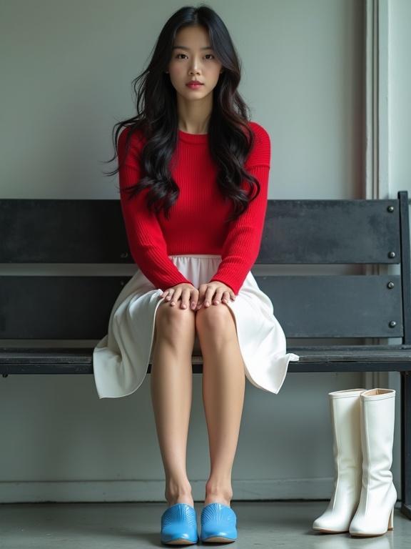 Young Asian woman with wavy hair sits on steel bench. Wearing red sweater and white skirt. Blue plastic slippers on feet. Neutral expression with closed eyes. White calf-high heeled boots next to the bench. Background suggests police station. Long legs on display.