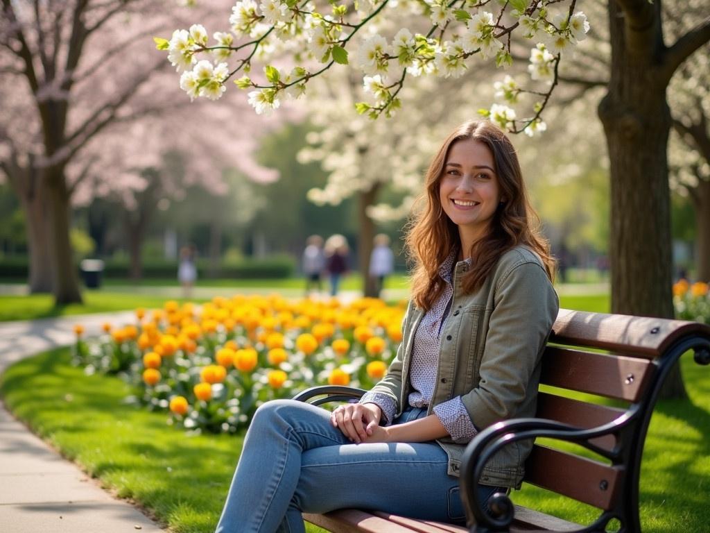 The person is sitting on a bench in a beautiful park during spring. They are smiling, radiating confidence, and enjoying the warm weather. Surrounding them are flowering trees and vibrant flowers, adding to the peaceful atmosphere. The greenery and colorful blooms create a picturesque setting, making it a perfect day to relax outdoors. Sunlight filters through the branches, creating playful patterns on the ground.