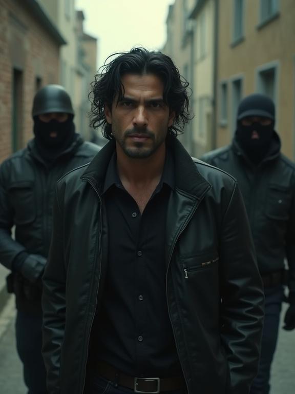 Photorealistic scene. A handsome forty year old Latin man with thick dark wavy hair is captured by three cartel gunmen. The setting is gritty and creates a mysterious atmosphere. The scene occurs during daylight and is tense. Shot from 50 meters using a 50mm lens.