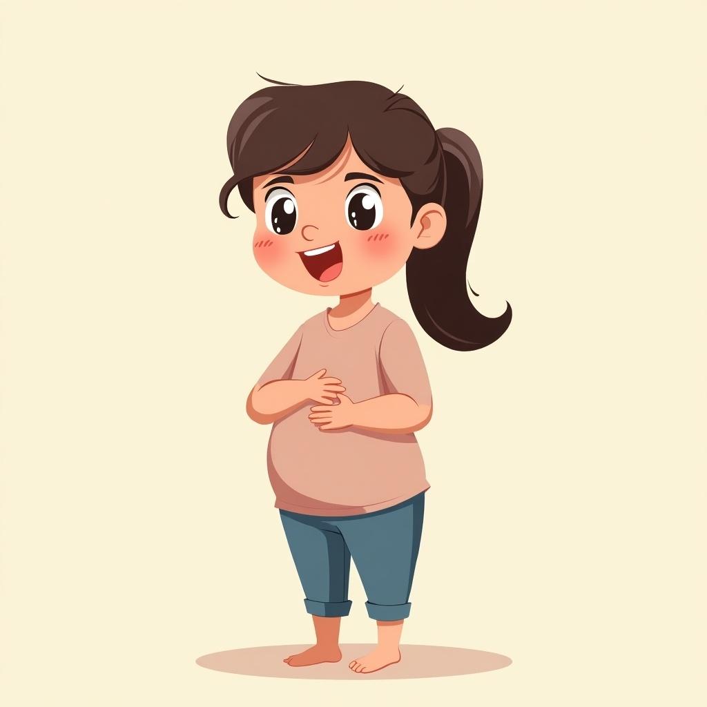 Cartoon girl smiling and rubbing her tummy. Standing on bare feet. Wearing a light T-shirt and blue jeans. Background is a soft, neutral color. Cheerful expression.